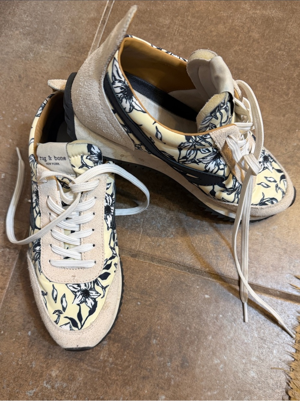 rag & bone Cream and Black Floral Suede Runner Sneakers